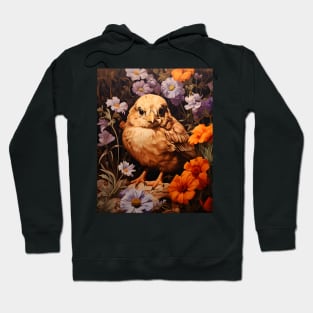 Retro Vintage Art Style Baby Chick in Field of Wild Flowers - Whimsical Farm Hoodie